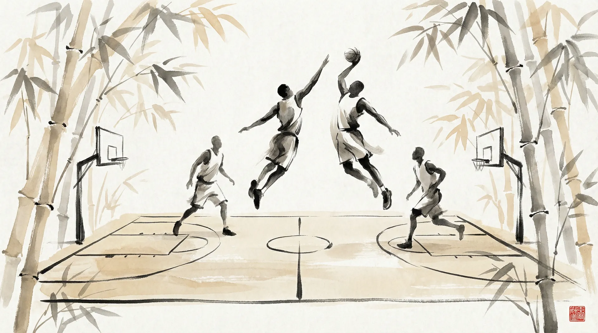 亚博娱乐 篮球赛事水墨风格艺术画